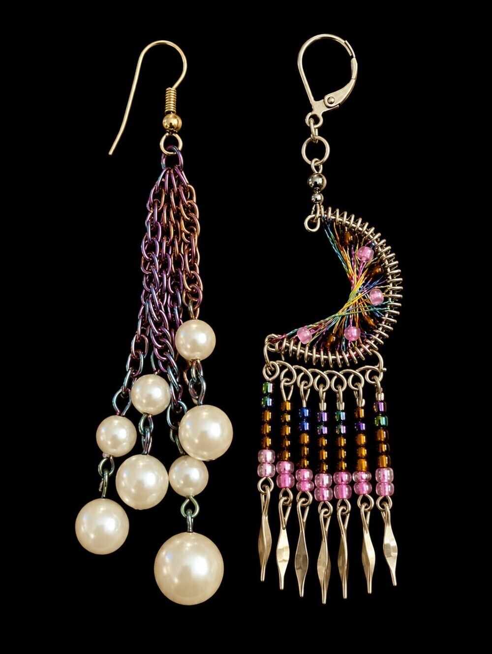 Mismatched Rainbow Dreamcatcher Moon Pearl Dangle Witchy Celestial Earrings